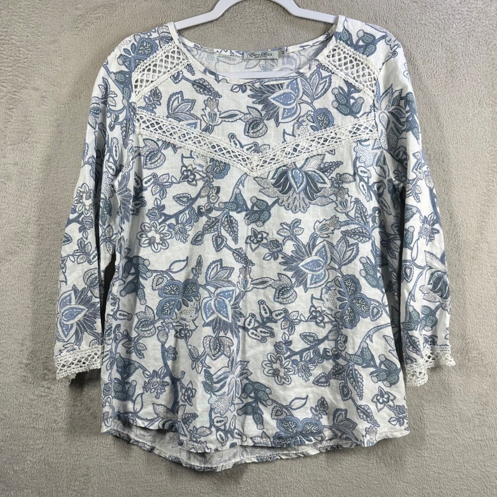 Elena Baldi‎ Linen Blouse Womens M Blue Floral Crochet Lace Trim Made in Italy